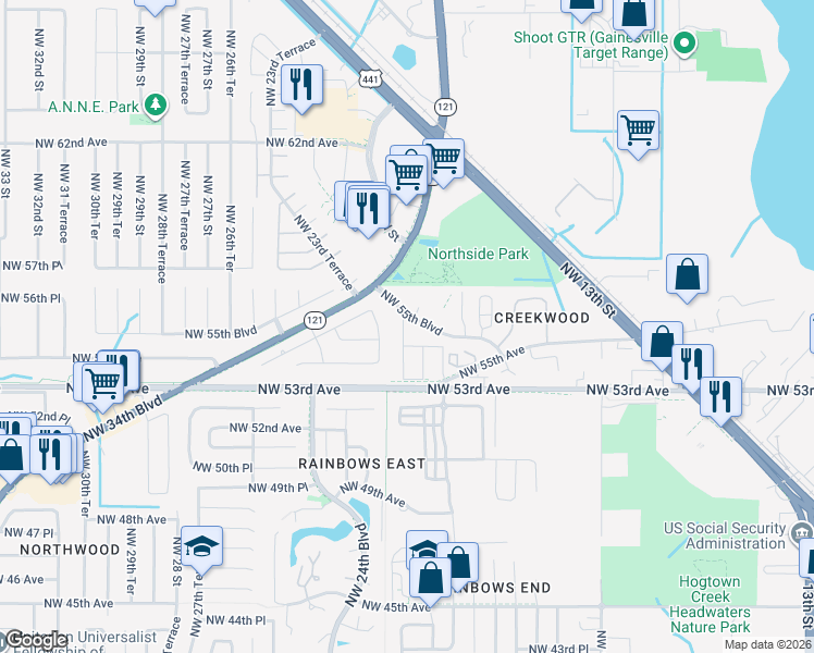 map of restaurants, bars, coffee shops, grocery stores, and more near 2220 Northwest 55th Boulevard in Gainesville