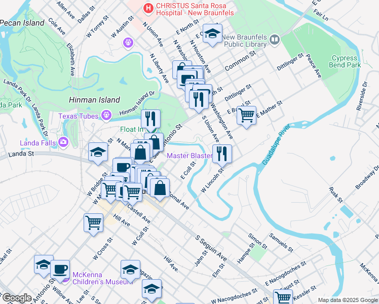 map of restaurants, bars, coffee shops, grocery stores, and more near 301-375 South Gilbert Avenue in New Braunfels