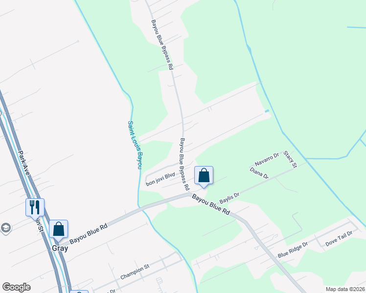 map of restaurants, bars, coffee shops, grocery stores, and more near 144 Bayou Blue Bypass Road in Gray