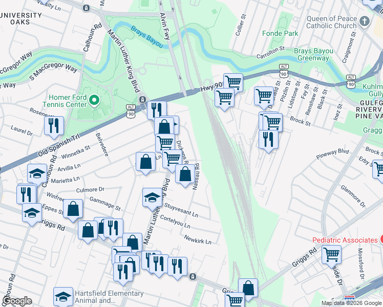 map of restaurants, bars, coffee shops, grocery stores, and more near 5034 Nassau Road in Houston