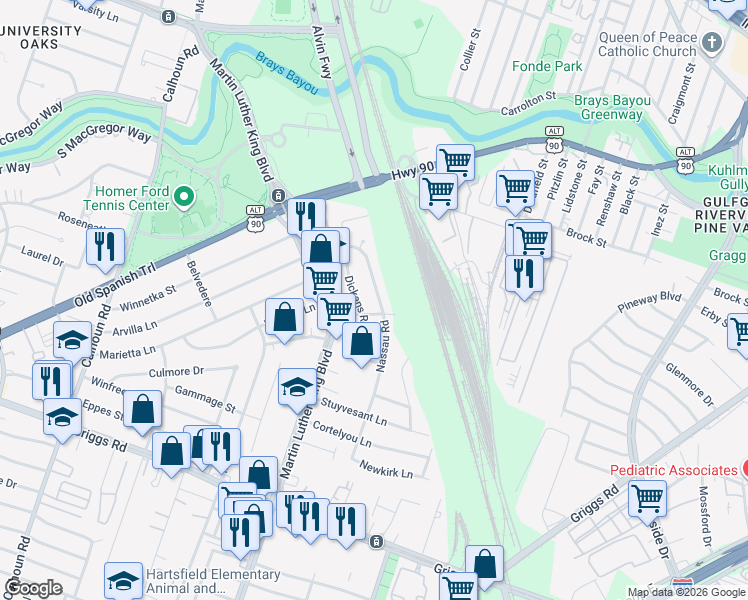 map of restaurants, bars, coffee shops, grocery stores, and more near 5034 Nassau Road in Houston