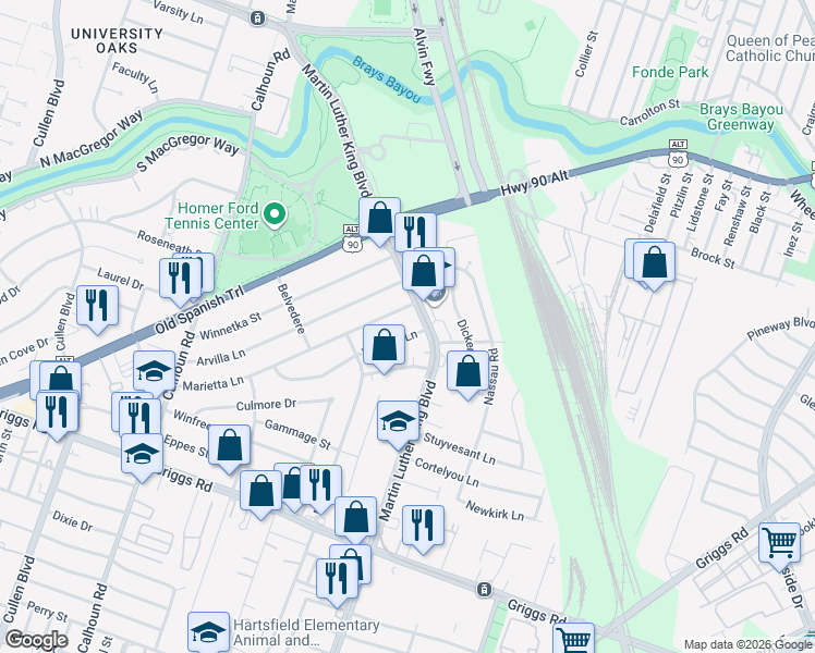 map of restaurants, bars, coffee shops, grocery stores, and more near 5046 Marietta Lane in Houston