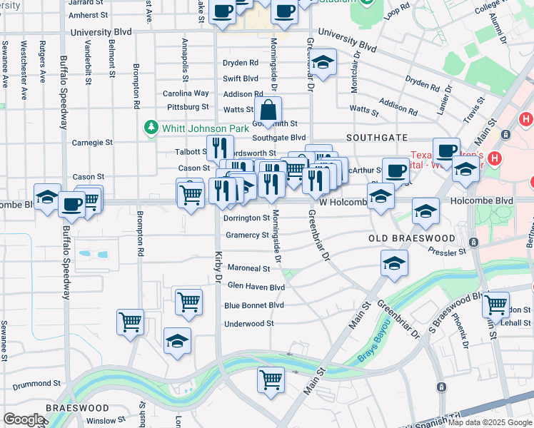 map of restaurants, bars, coffee shops, grocery stores, and more near in Houston
