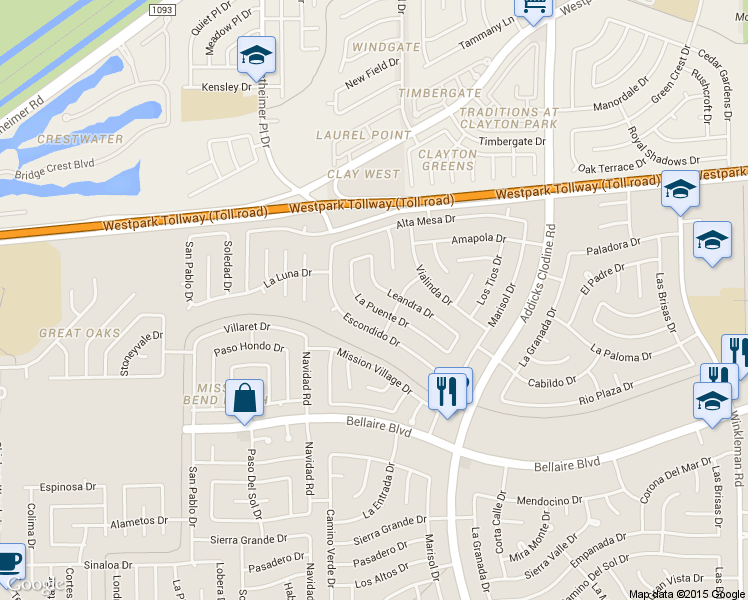 map of restaurants, bars, coffee shops, grocery stores, and more near 6651 La Puente Drive in Houston