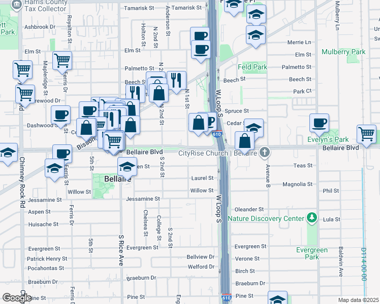 map of restaurants, bars, coffee shops, grocery stores, and more near in Bellaire