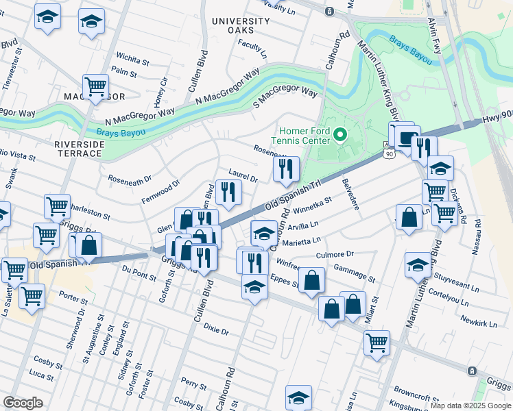 map of restaurants, bars, coffee shops, grocery stores, and more near 4418 Charleston Street in Houston