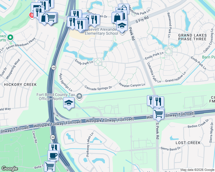 map of restaurants, bars, coffee shops, grocery stores, and more near 22414 Cascade Springs Drive in Katy