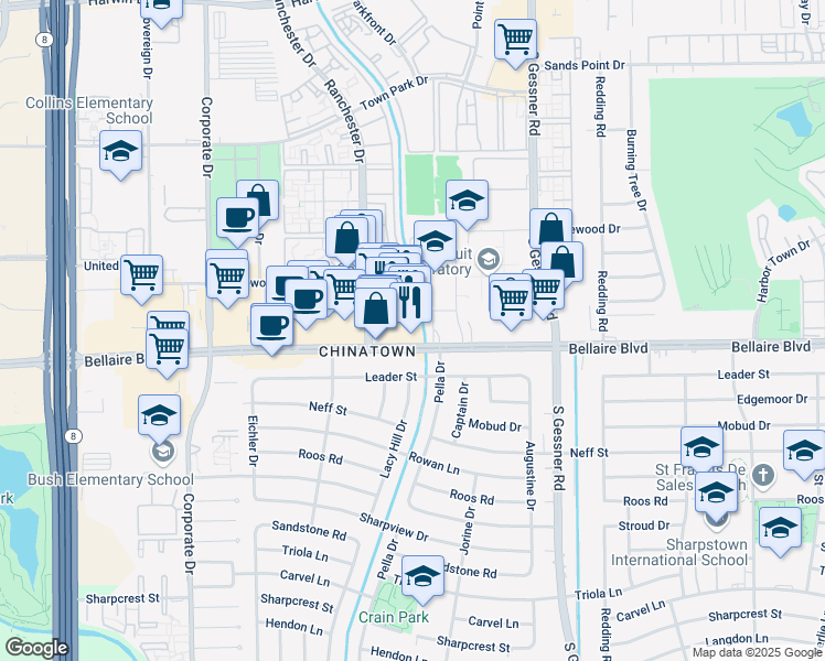 map of restaurants, bars, coffee shops, grocery stores, and more near 9108 Bellaire Boulevard in Houston