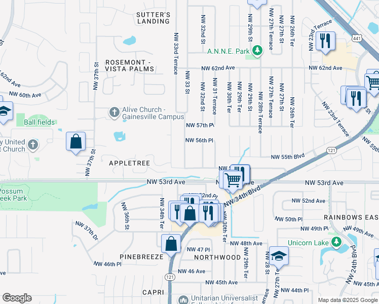 map of restaurants, bars, coffee shops, grocery stores, and more near 5531 Northwest 33 Street in Gainesville