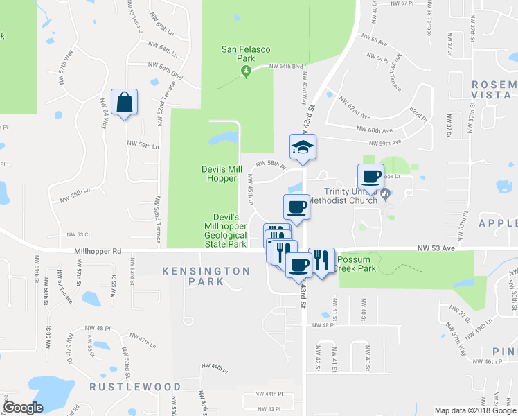 map of restaurants, bars, coffee shops, grocery stores, and more near 5515 Northwest 45 Drive in Gainesville