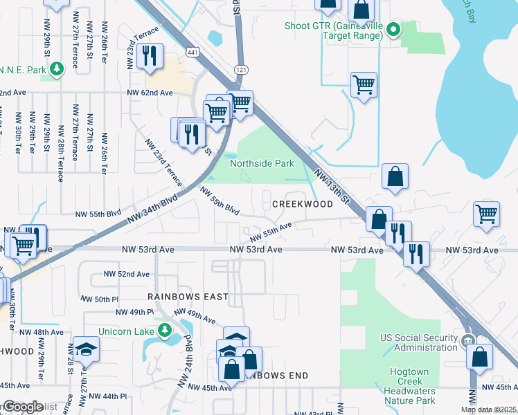 map of restaurants, bars, coffee shops, grocery stores, and more near 2114 Northwest 55th Boulevard in Gainesville