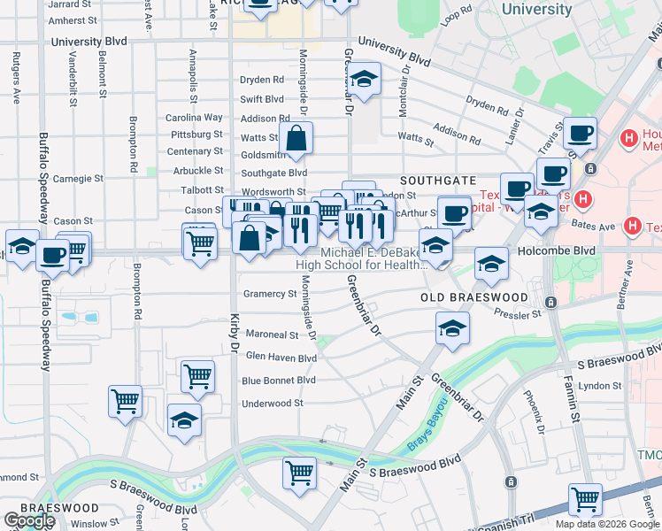map of restaurants, bars, coffee shops, grocery stores, and more near 2315 West Holcombe Boulevard in Houston