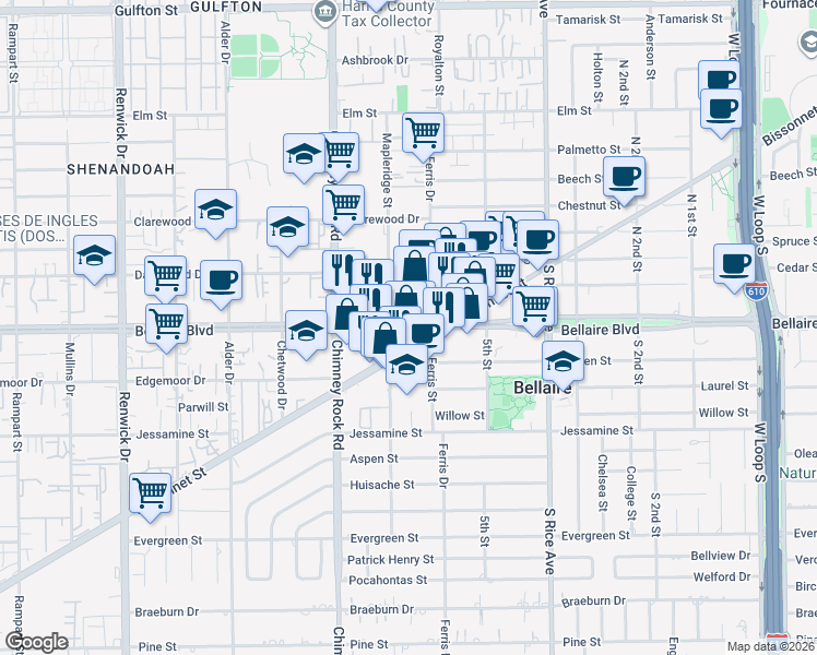 map of restaurants, bars, coffee shops, grocery stores, and more near in Bellaire