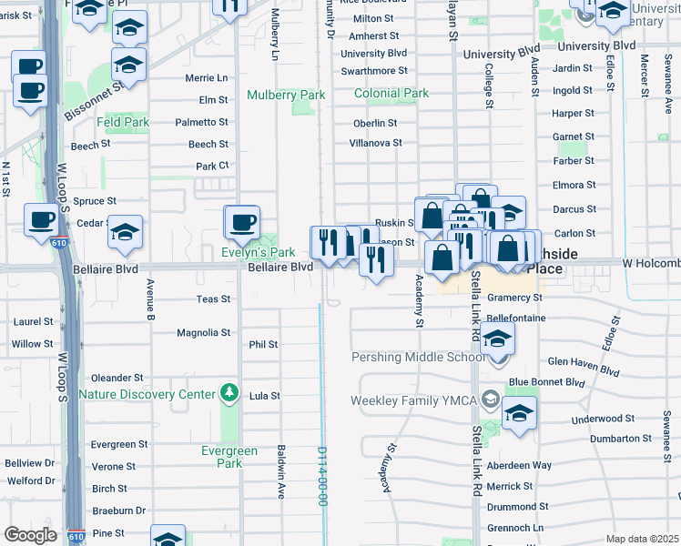 map of restaurants, bars, coffee shops, grocery stores, and more near 4215 Bellaire Boulevard in Houston