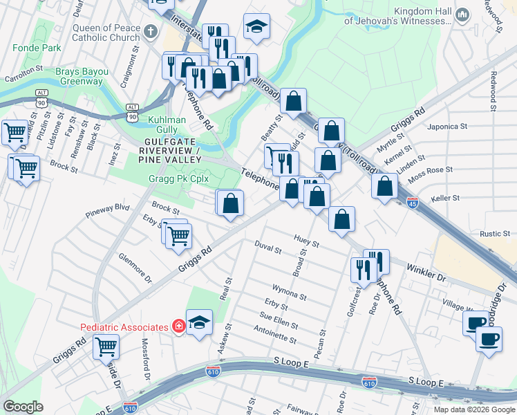map of restaurants, bars, coffee shops, grocery stores, and more near 2915 Tooke Street in Houston