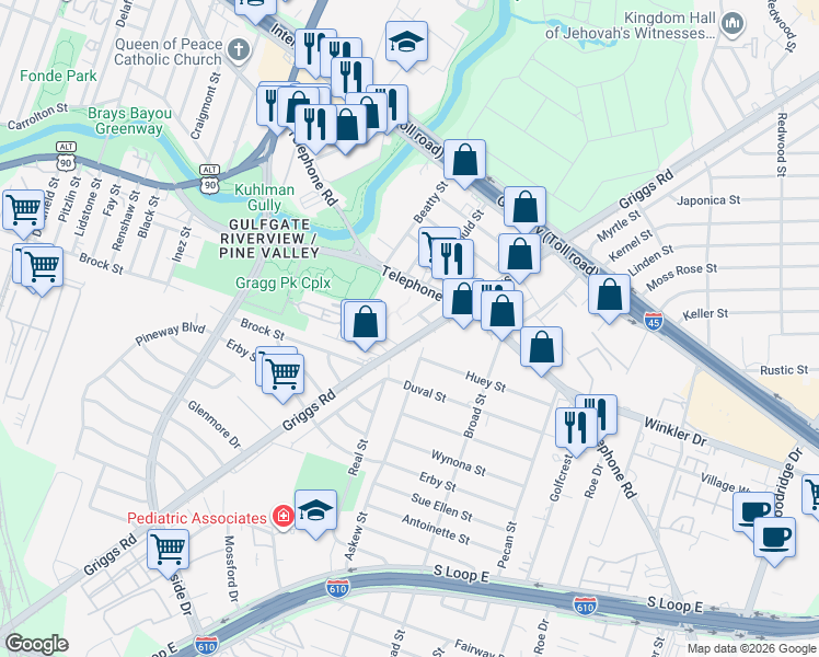 map of restaurants, bars, coffee shops, grocery stores, and more near 2915 Tooke Street in Houston