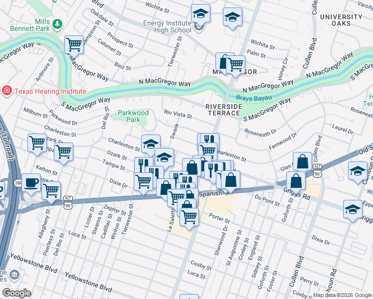 map of restaurants, bars, coffee shops, grocery stores, and more near 3730 Charleston Street in Houston