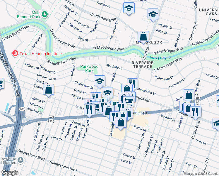 map of restaurants, bars, coffee shops, grocery stores, and more near 3653 Griggs Road in Houston