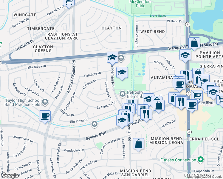 map of restaurants, bars, coffee shops, grocery stores, and more near 6518 Winkleman Road in Houston
