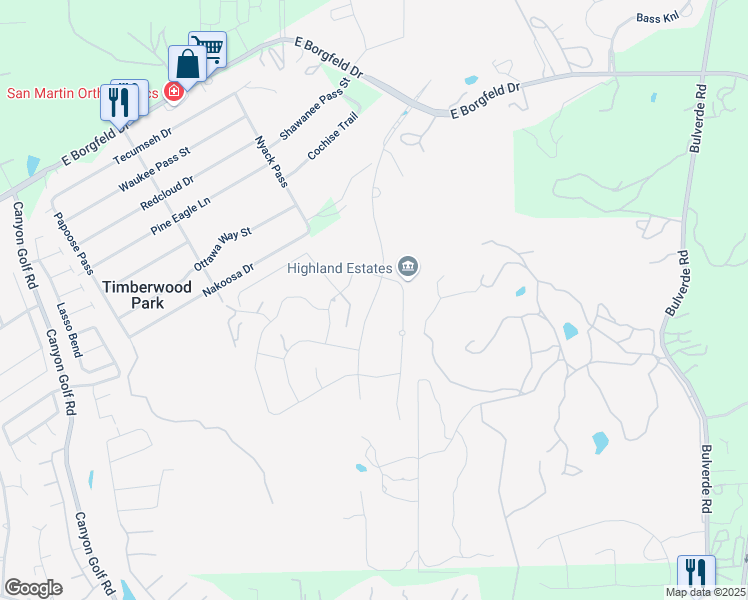 map of restaurants, bars, coffee shops, grocery stores, and more near 27139 Highland Crest in San Antonio