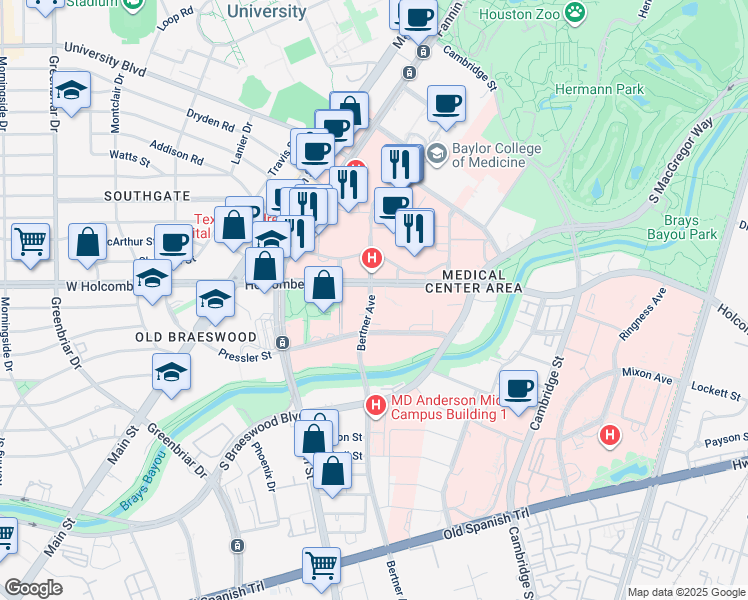 map of restaurants, bars, coffee shops, grocery stores, and more near 6901 Bertner Avenue in Houston