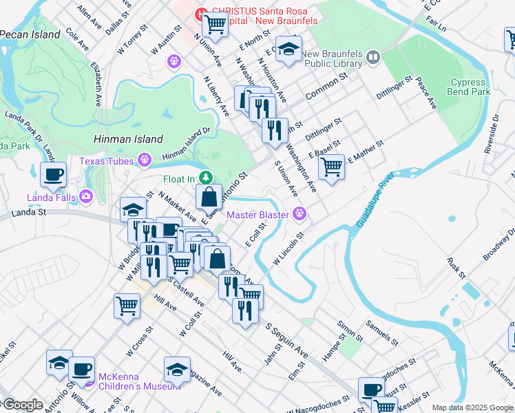 map of restaurants, bars, coffee shops, grocery stores, and more near 301 South Gilbert Avenue in New Braunfels