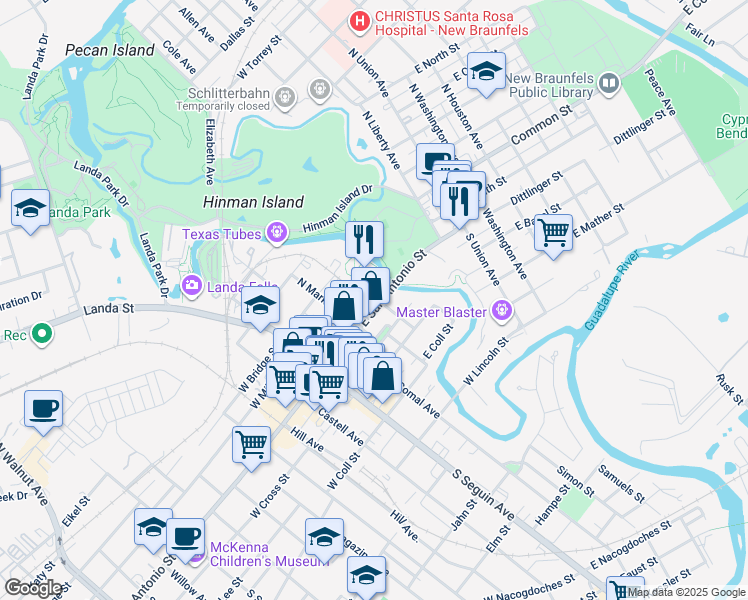 map of restaurants, bars, coffee shops, grocery stores, and more near in New Braunfels