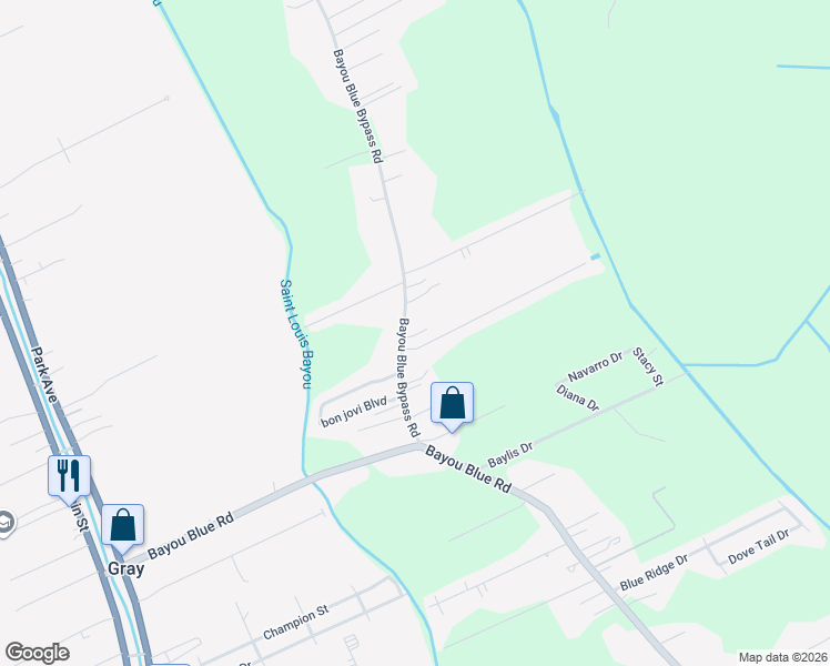 map of restaurants, bars, coffee shops, grocery stores, and more near 144 Bayou Blue Bypass Road in Gray