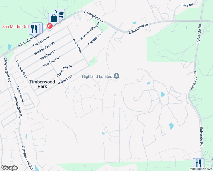 map of restaurants, bars, coffee shops, grocery stores, and more near 27139 Highland Crest in San Antonio