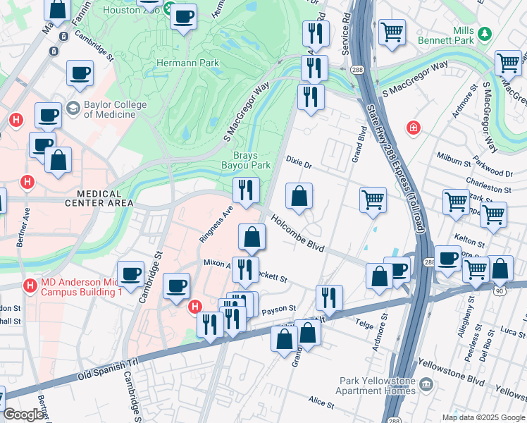 map of restaurants, bars, coffee shops, grocery stores, and more near 2450 Holcombe Blvd in Houston