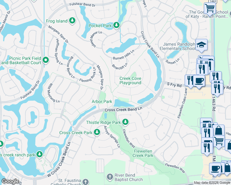 map of restaurants, bars, coffee shops, grocery stores, and more near 5826 Caspian Falls Lane in Fulshear