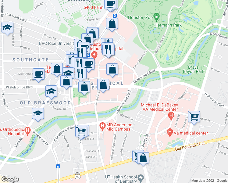 map of restaurants, bars, coffee shops, grocery stores, and more near 1400 Holcombe Boulevard in Houston