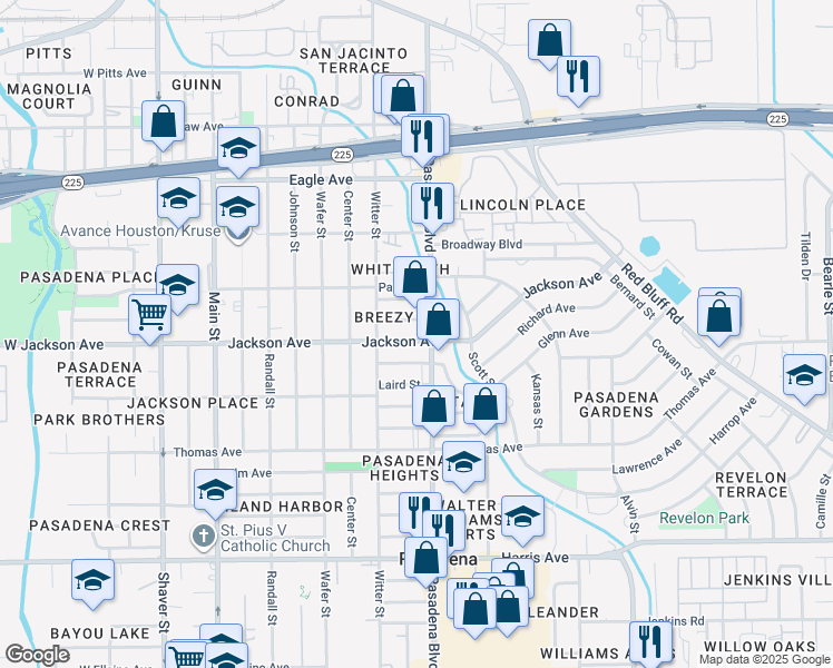 map of restaurants, bars, coffee shops, grocery stores, and more near 914 Whitaker Avenue in Pasadena
