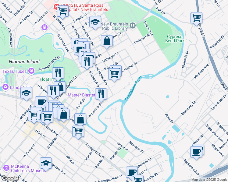 map of restaurants, bars, coffee shops, grocery stores, and more near 264 Cross River Street in New Braunfels