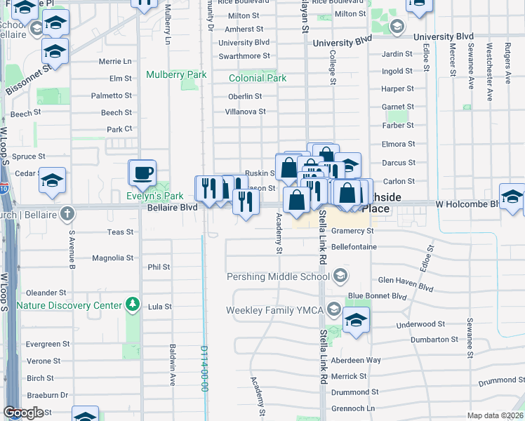 map of restaurants, bars, coffee shops, grocery stores, and more near in Southside Place
