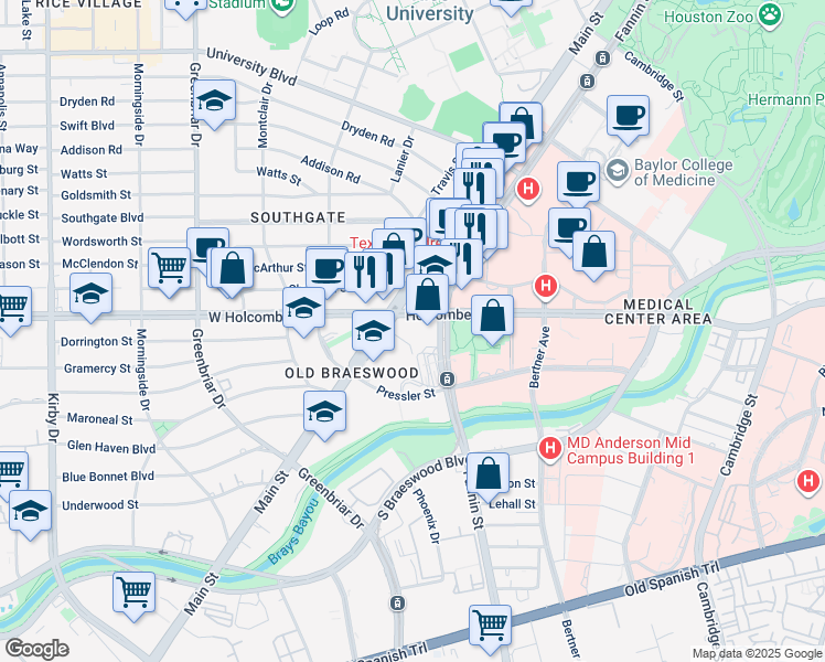 map of restaurants, bars, coffee shops, grocery stores, and more near in Houston