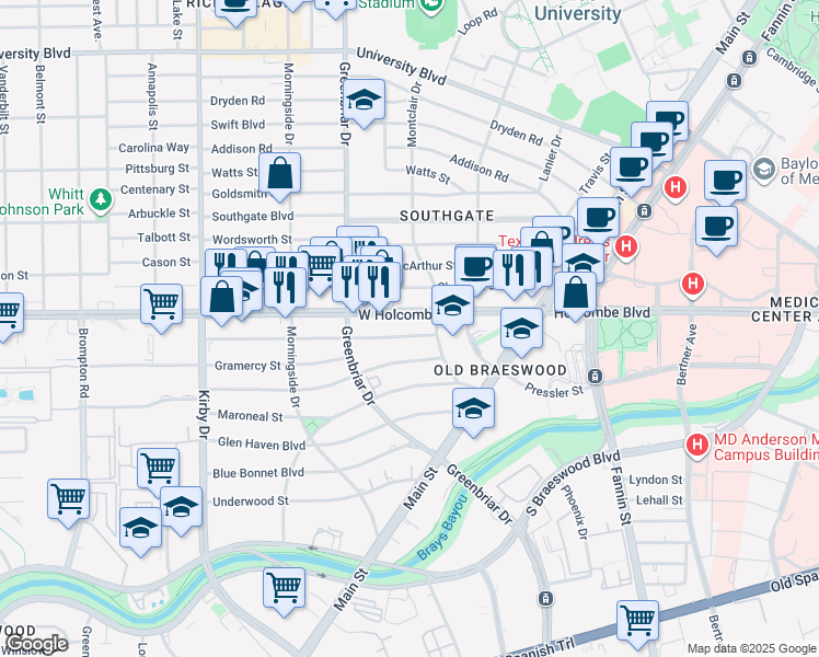 map of restaurants, bars, coffee shops, grocery stores, and more near 2229 West Holcombe Boulevard in Houston