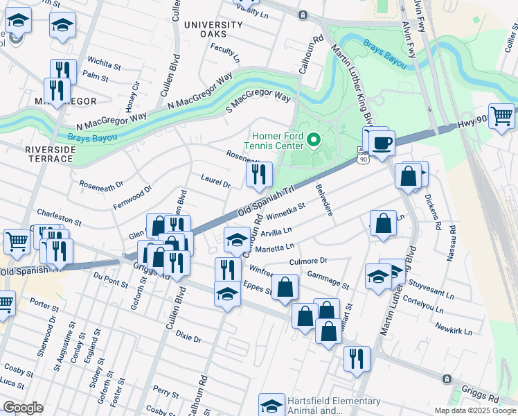 map of restaurants, bars, coffee shops, grocery stores, and more near 4525 Old Spanish Trail in Houston