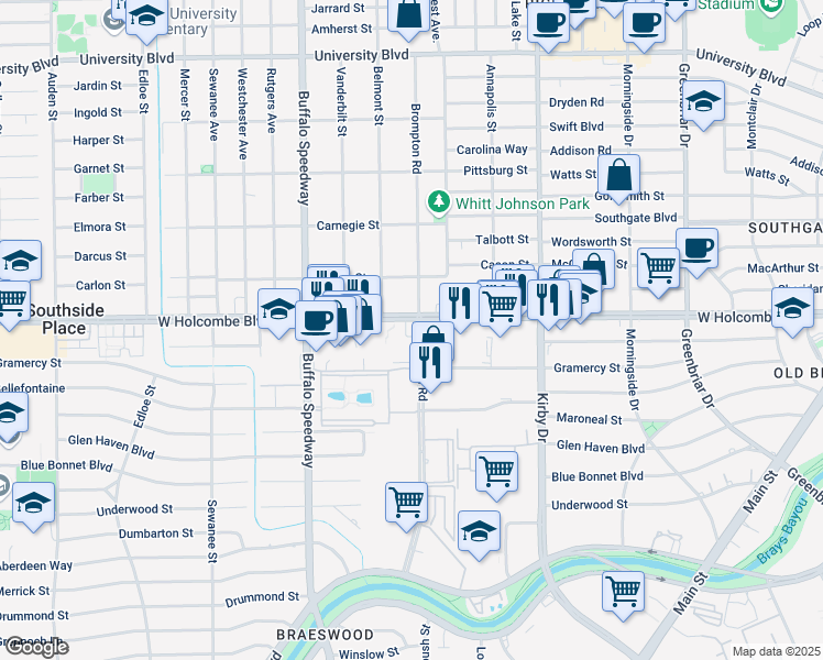 map of restaurants, bars, coffee shops, grocery stores, and more near 2929 West Holcombe Boulevard in Houston