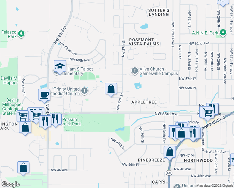 map of restaurants, bars, coffee shops, grocery stores, and more near 3746 Northwest 55 Place in Gainesville