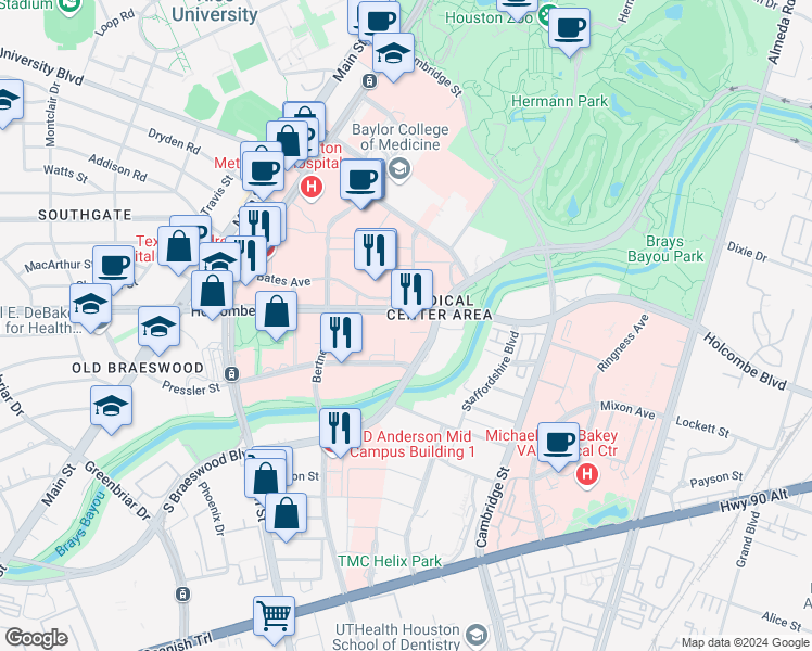 map of restaurants, bars, coffee shops, grocery stores, and more near 1600 Holcombe Boulevard in Houston