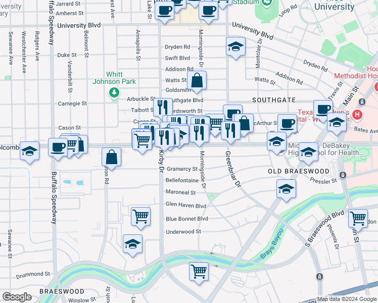 map of restaurants, bars, coffee shops, grocery stores, and more near 2431 West Holcombe Boulevard in Houston