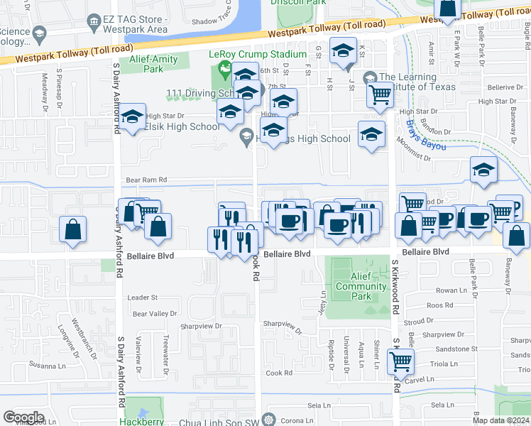 map of restaurants, bars, coffee shops, grocery stores, and more near 4545 Cook Road in Houston