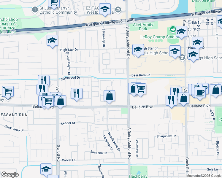 map of restaurants, bars, coffee shops, grocery stores, and more near 27 Rodeo Square Drive in Houston