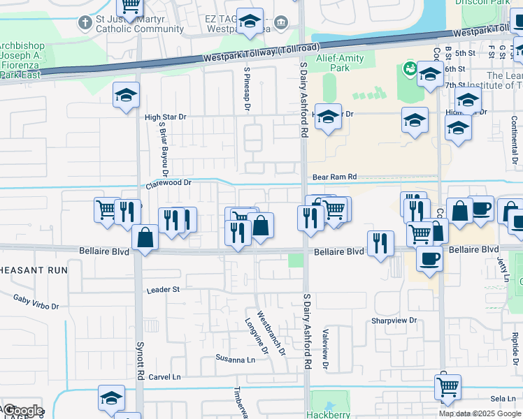 map of restaurants, bars, coffee shops, grocery stores, and more near 27 Rodeo Square Drive in Houston