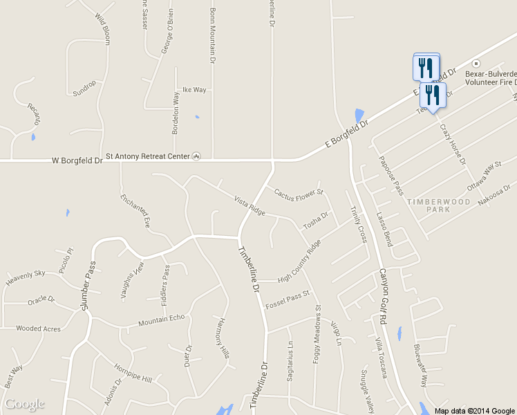map of restaurants, bars, coffee shops, grocery stores, and more near 27407 Timberline Drive in San Antonio