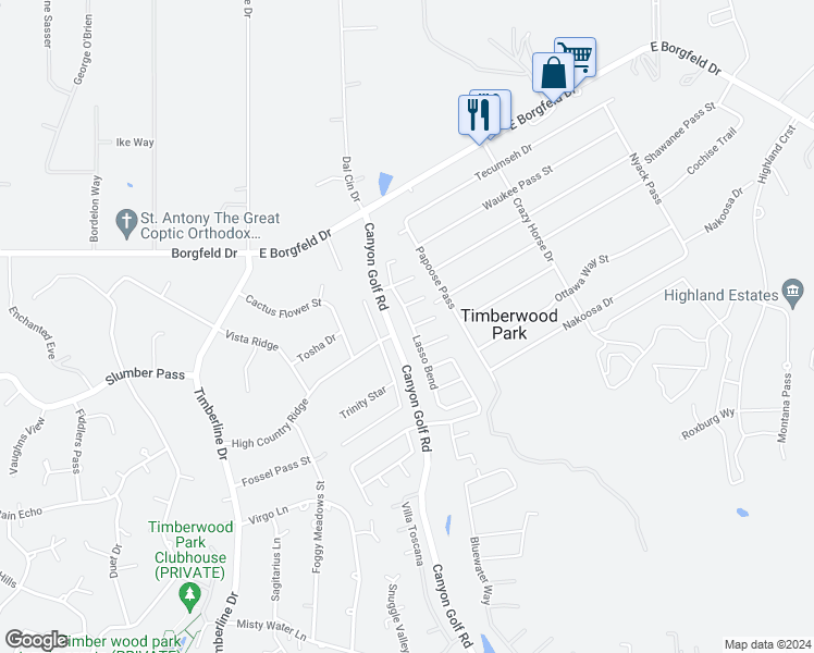 map of restaurants, bars, coffee shops, grocery stores, and more near 27527 Lasso Bend in San Antonio