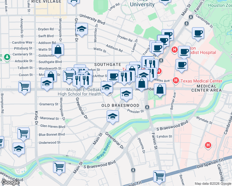 map of restaurants, bars, coffee shops, grocery stores, and more near 2121 West Holcombe Boulevard in Houston
