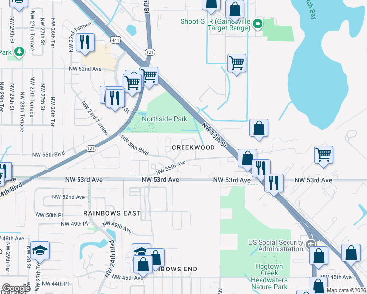 map of restaurants, bars, coffee shops, grocery stores, and more near 2056 Northwest 55th Boulevard in Gainesville