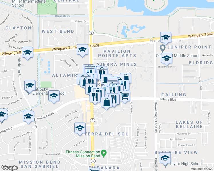 map of restaurants, bars, coffee shops, grocery stores, and more near 14498 Bellaire Boulevard in Houston